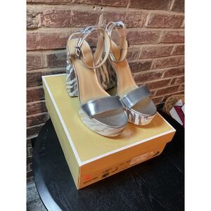 Michael Kors Women's Silver Sequin Zebra Print Platform Block Heel Sandals Sz 9